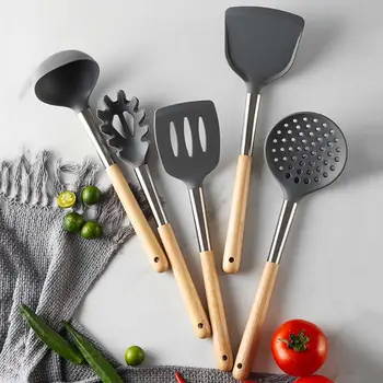 

6pcs Silicone Kitchen Utensils Set with Stainless Steel Wooden Handle Spatula Spoon Holder Cooking Tools