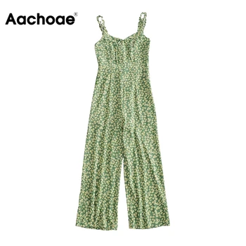 

Boho Style Floral Print Bodysuit Women Bow Tie Spaghetti Strap Holiday Beach Playsuit 2020 Ladies Casual Wide Leg Jumpsuit