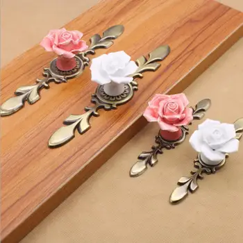 

European Ceramic Bronze Rose Flower Furniture Handles Kitchen Cabinets Sliding Door Drawer Knobs Wardrobe Dresser Pulls Handle
