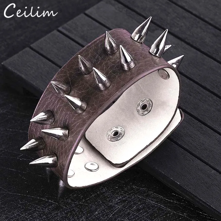 Женский кожаный браслет регулируемый панк рок с заклепками и шипами широкий