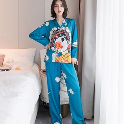 Women's Satin Pajamas Set Pyjamas Spring Autumn Chinese Style Print Pijama Sleepwear Nightwear домашняя одежда