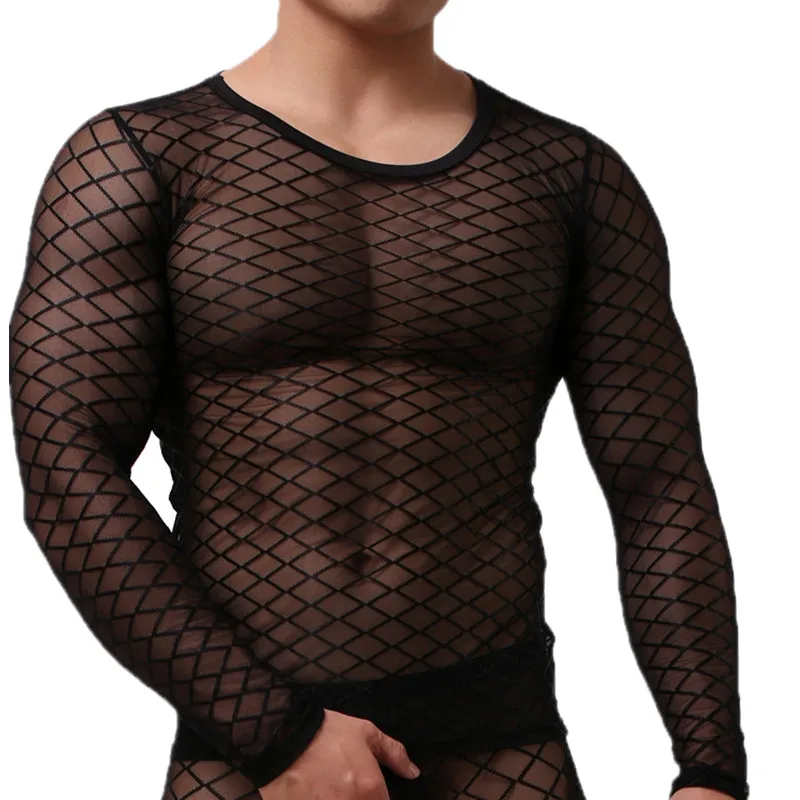 Сексуальное мужское нижнее белье сетчатые Топы с длинным рукавом сетчатая