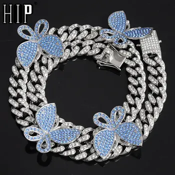 

Hip Hop 13MM Colorful Miami Cuban Chain Necklace Butterfly Iced Out AAA Paved Rhinestones CZ Bling Necklaces Men Rapper Jewelry