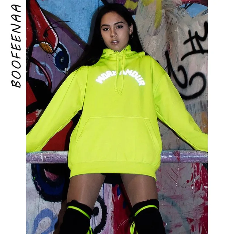 

BOOFEENAA Fashion Reflective Letter Print Neon Green Oversized Hoodies Sweatshirt Streetwear Women Clothes Fall 2019 C68-AF79