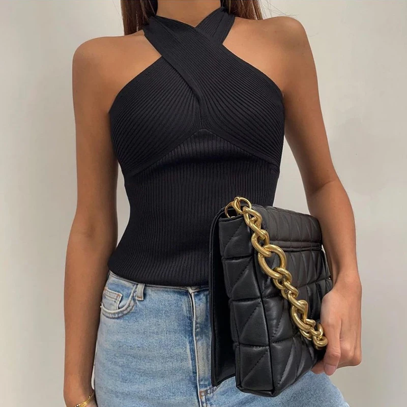 cheap bras Women Strappy Cross Over Front Cut Out Halter Neck Sleeveless Backless Crop Top Bandage Vest Sexy Knitted Tops Woman Clothes cotton camisole