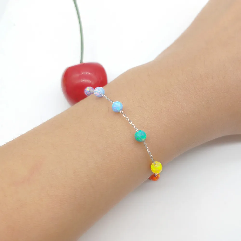 

1pc Fashion opal Rainbow 7 colors 4mm Opal Bead Bracelet opal round ball/beads bracelet with 925 silver O chain/Box chain