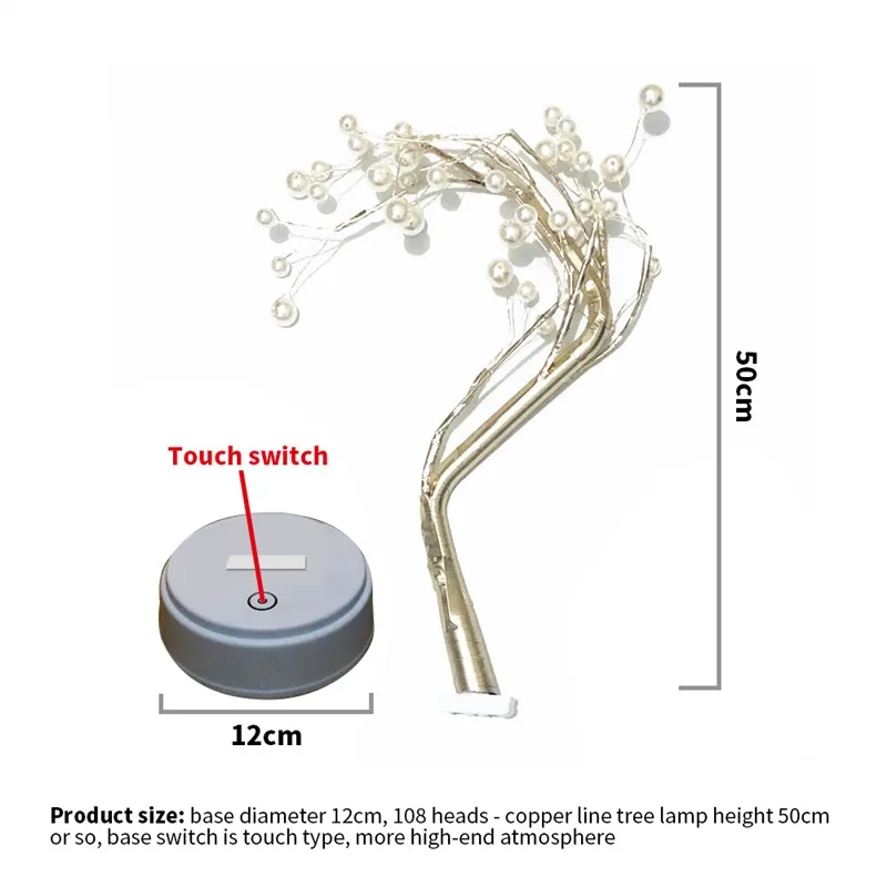 36/108 светодиодов, имитация жемчуга, Рождественские огни, настольная лампа, сенсорный выключатель, ночные огни, фейерверк, дерево, цветок, лампы, Рождественское украшение