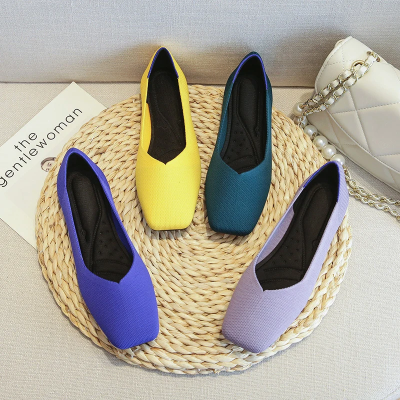 

Балетки женские на плоской подошве, дышащие мягкие вязаные, Мокасины, квадратная подошва, для беременных, разные цвета