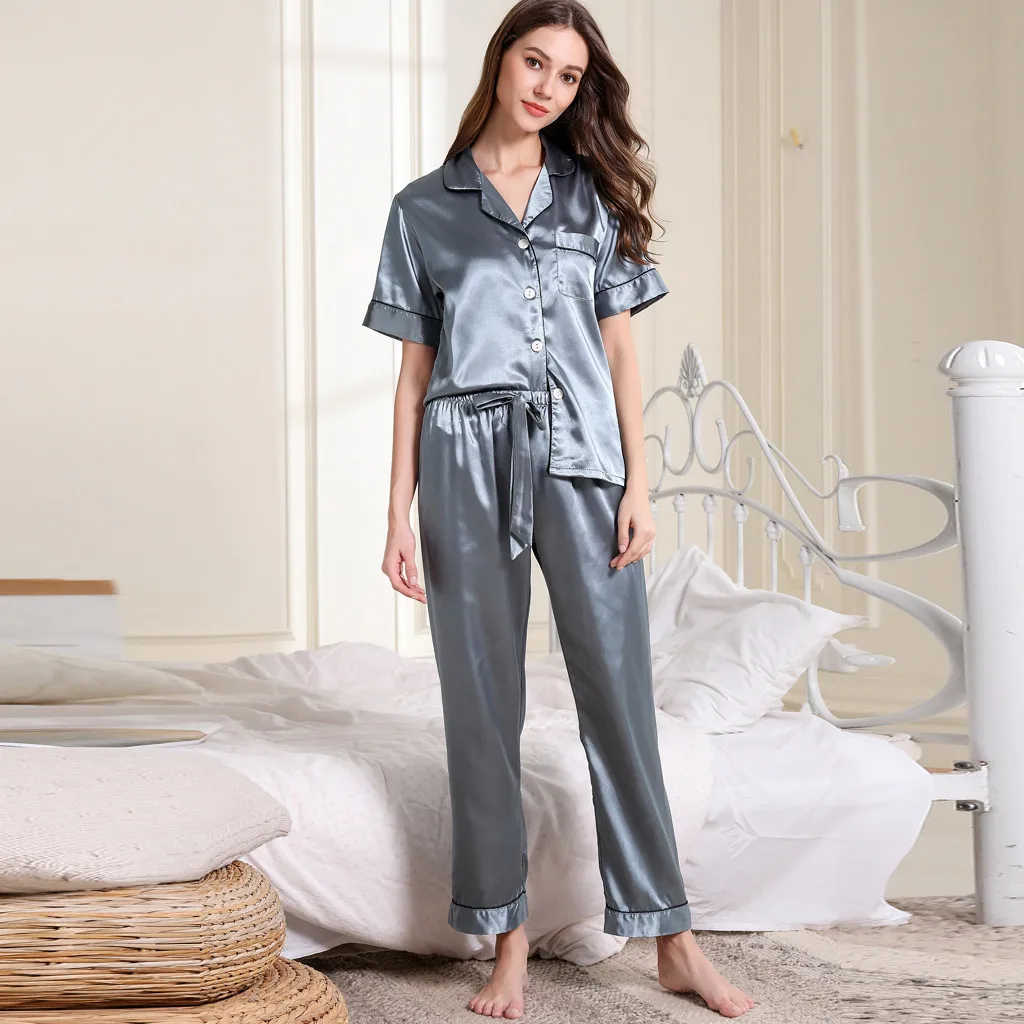 Женские пижамные комплекты с коротким рукавом шелковые пижамы Весна Лето длинные штаны пижамы Большие размеры# g1