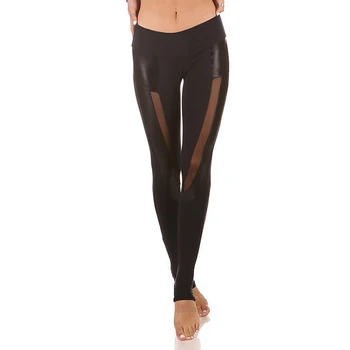

Hot Sale Sexy Ladies Fitness Leggings Faux Leather Stitching Mesh Sportswear Pants High Waist Slim Fit Casual Legging
