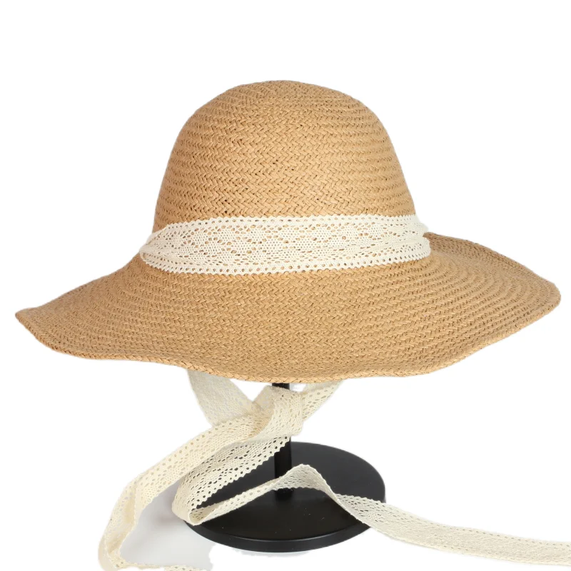 

Lady Women Large Brim Straw Panama Hat Sunshade Folding Lace String Elegant Beach Cap Wholesale Summer Fashion Paper Character
