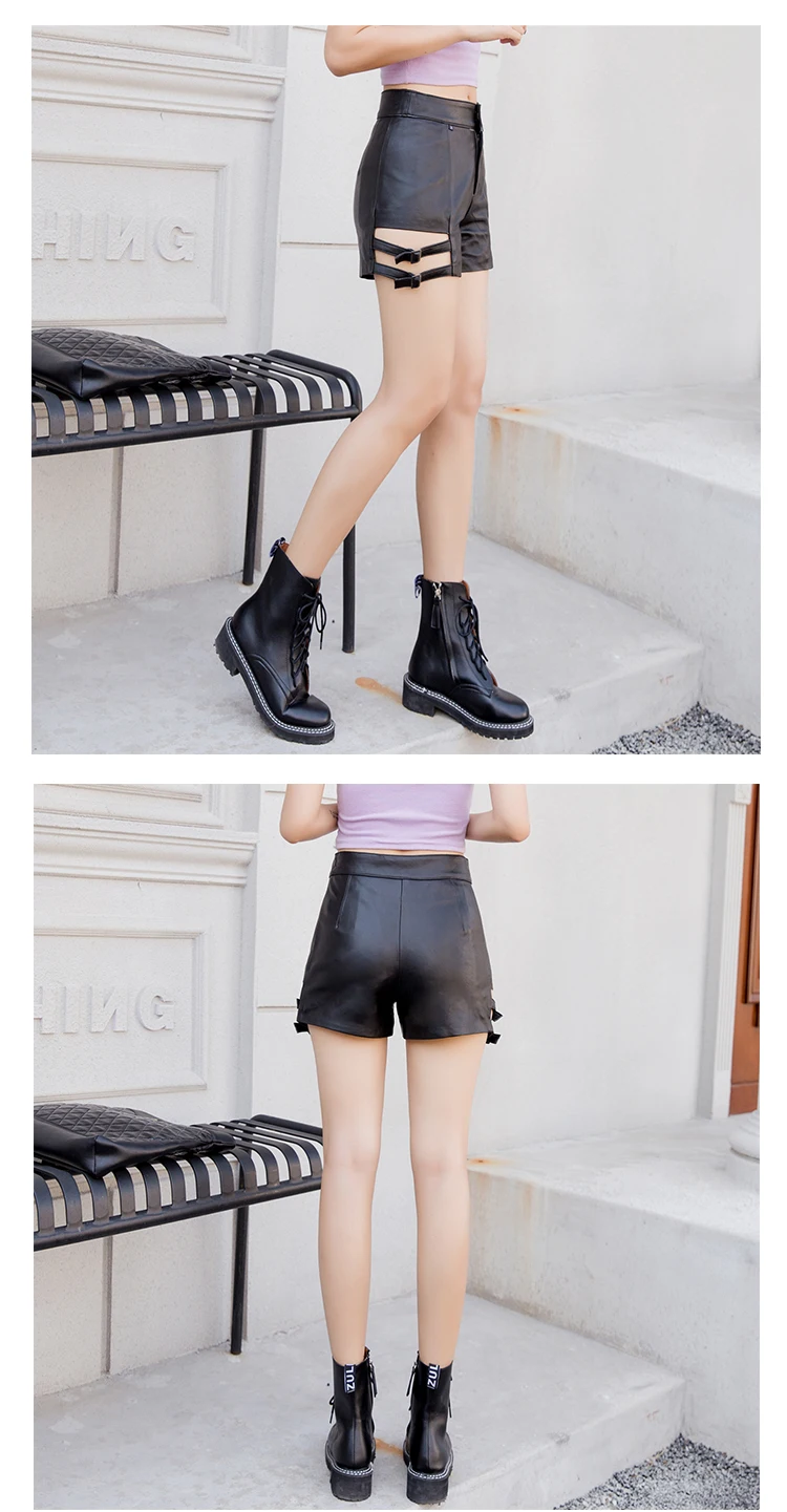 Genuine Leather Shorts Highstreet Sexy Lace Up Hollow Out Sheepskin Hot Shorts Women Autumn Winter Casual Button Front Shorts