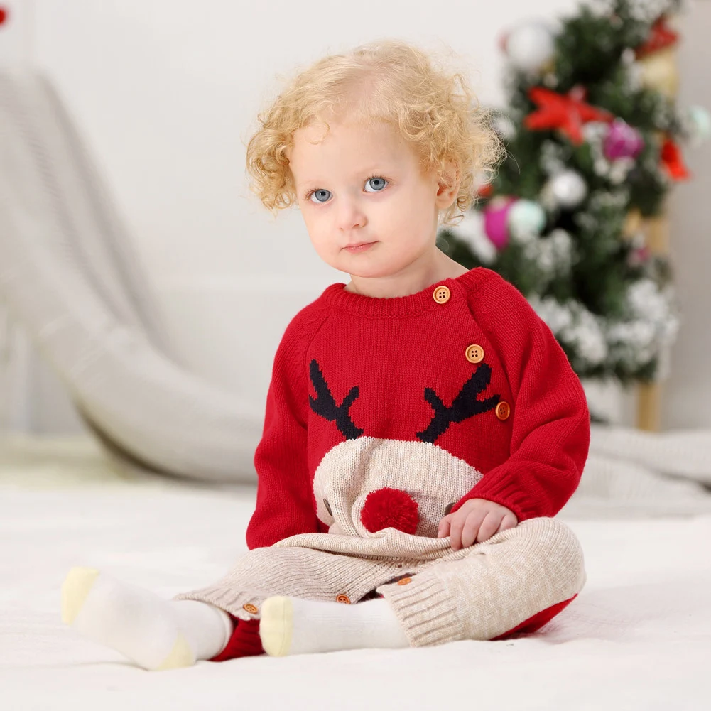 Brand Xmas Baby Kids Knit Infant Romper Sweater Jumpsuit Winter Warm New Boy Girl Deer Knitwear Deer Costume Baby Clothes