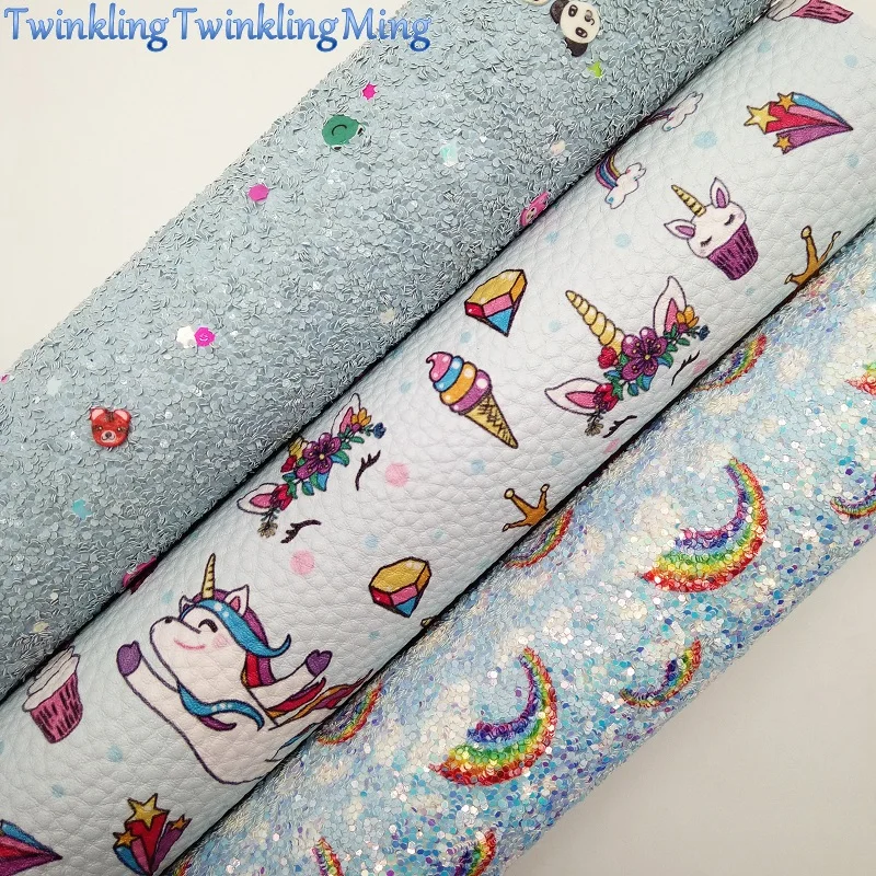 Rainbow Glitter Fabric, Unicorn Synthetic Leather, Faux Fabric Sheets