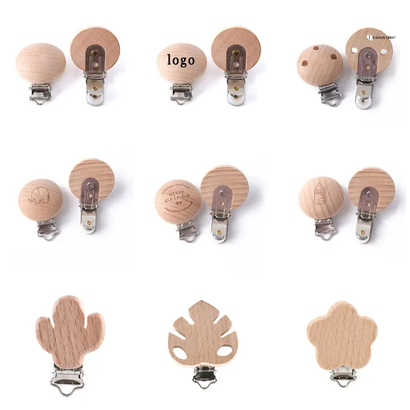 Let's Make Wooden Rodent Pacifier Clip Hole 10pcs Maple Beech Printing Animal Custom Logo Cartoon Animal Food Grade Baby Teether