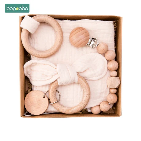 White set Bopoobo 3 шт./компл. деревянный Прорезыватель с заячьими ушками; деревянные кольца детский нагрудник из хлопка Полотенца DIY деревянная пустышка на цепочке для кормящих детские товары - Цвет: White set