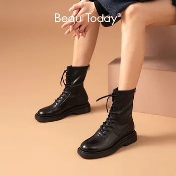 

BeauToday Women leather Boots Calfskin Round Toe Lace-Up Closure Black Ladies Platform Shoes Handmade 02034
