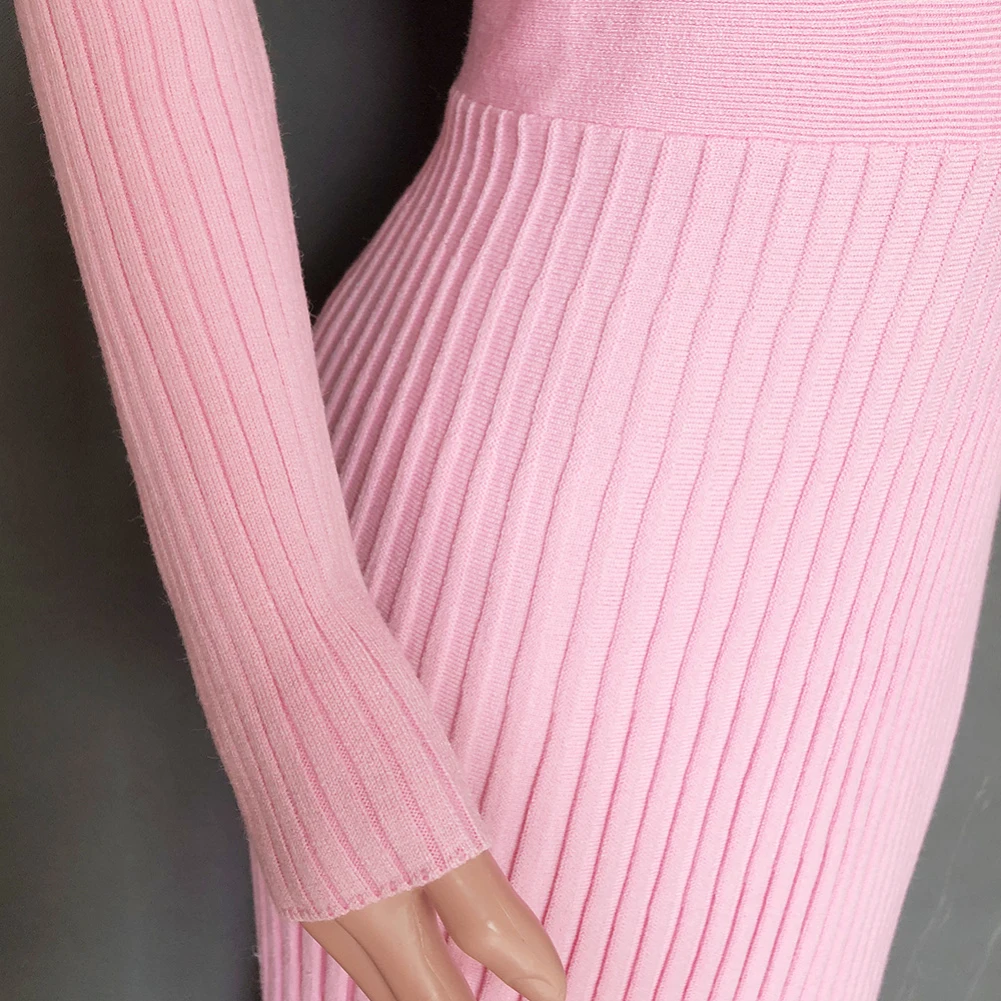 Vintage Women Long Sleeve O Neck Waist Tight Knitted Pleated Midi Sweater Dress
