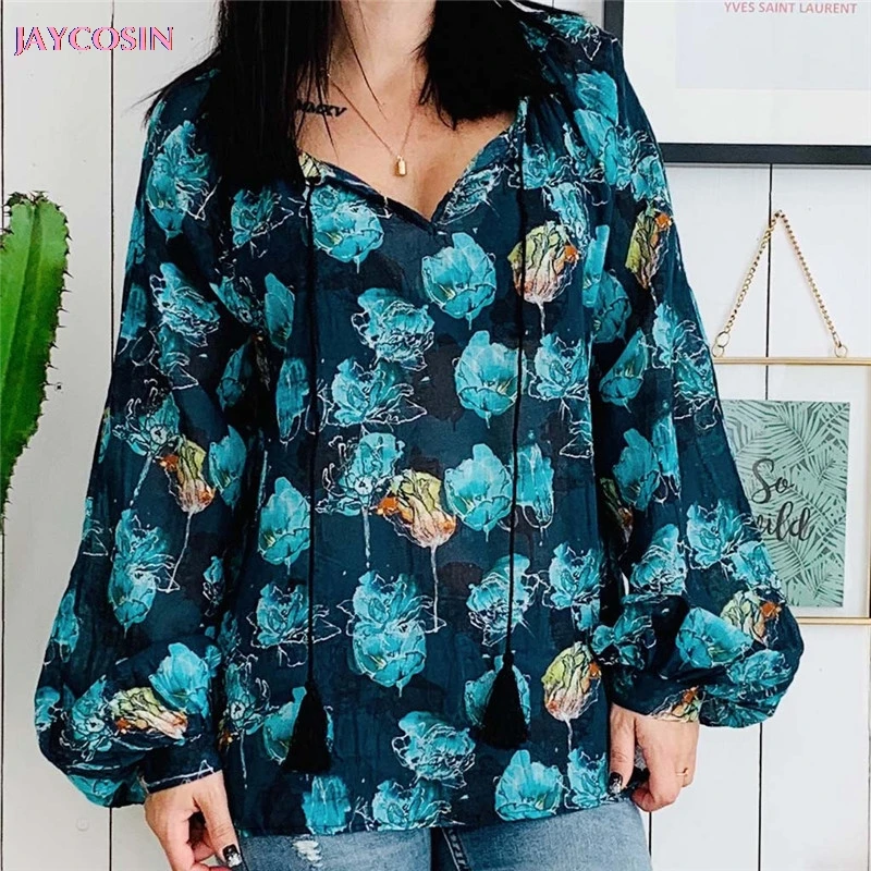 JAYCOSIN 2020 Personality Multicolor Sweater Women's Printing Long Sleeve Shirt Tie Knot Casual Blouses Tops V-Neck Drop #1217 | Женская