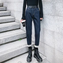 Женские джинсы с высокой талией, большие размеры, Женские винтажные повседневные синие джинсы, женские штаны-шаровары, джинсы