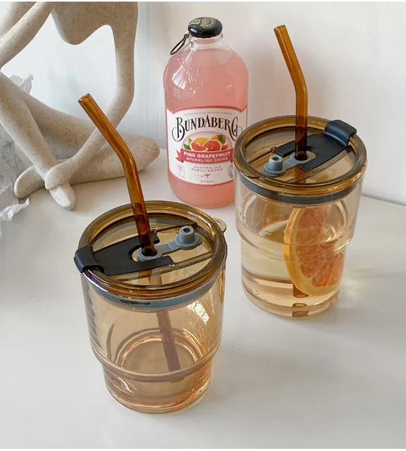 350ml 400ml Coloured Glass Cup Amber Grey Portable Iced Coffee Tumbler Cup  with Plastic Lid and Colour Glass Straw 1 Pc