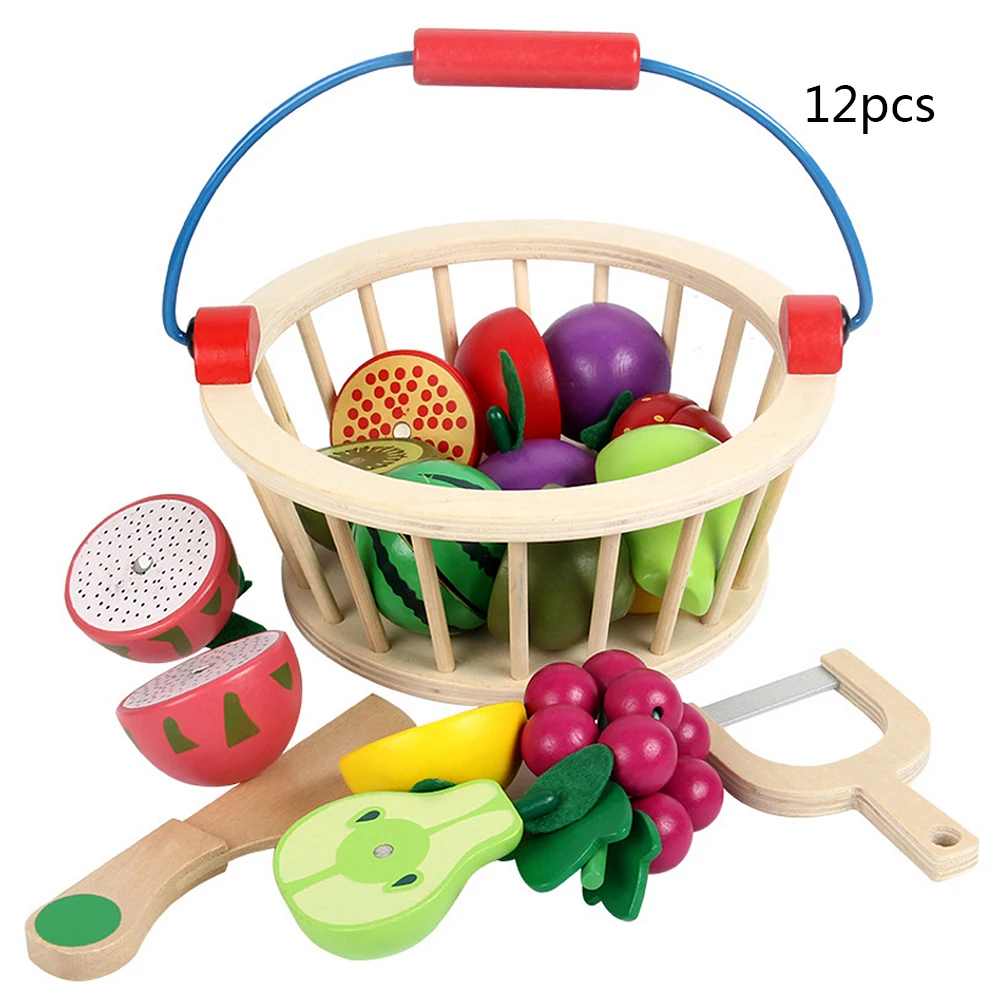 12pcs fruit set Игрушечная еда 12 шт./14 шт. резка фруктов/овощей деревянный пищевой реквизит игрушка детский игровой дом кухонная игрушка с корзиной подарок - Цвет: 12pcs fruit set