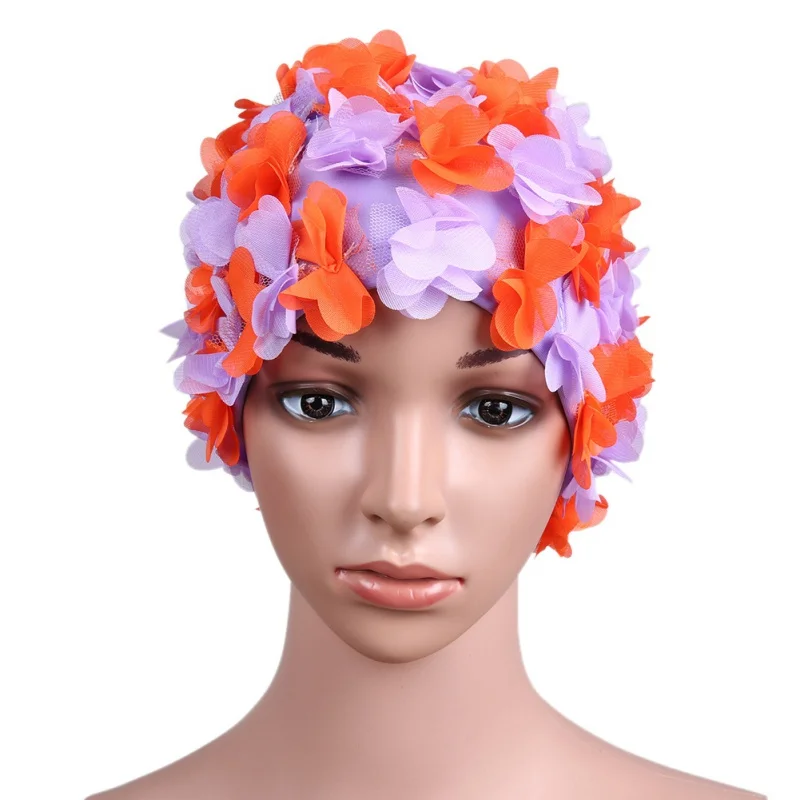 1x Floral Woman Ladies Swim Cap Petal Retro Swimming Hat Flower Bathing Cap