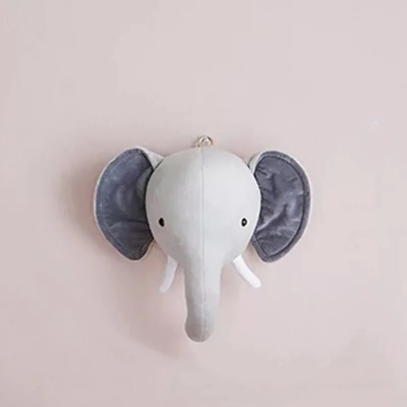 Animal Head Wall Mount Plush Decoration Kids Bedroom Stuffed Soft Toy Elephant 
