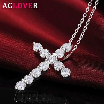 

AGLOVER AAA Zircon 18 Inch Chain 925 Sterling Silver Cross Pendant Necklace For Woman Fashion Charm Wedding Jewelry Gift