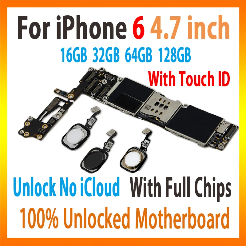 Оригинальная разблокированная материнская плата для iPhone 6 с/без touch ID, бесплатный iCloud для iPhone 6 4,7 дюймовая логическая плата с полными чипами