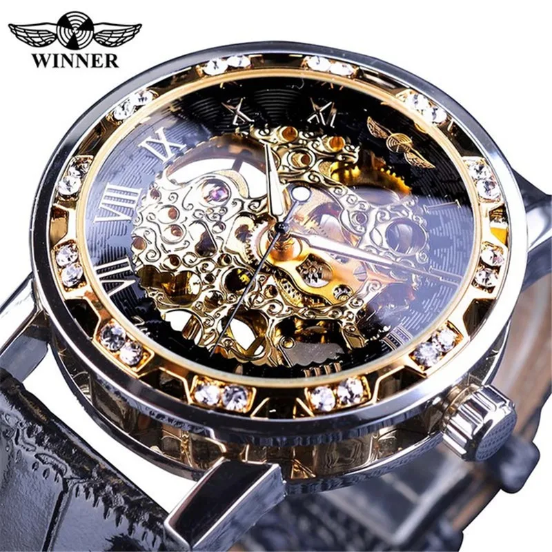 Winner Watch мужские модные повседневные классические часы ручной работы с искусственным бриллиантом