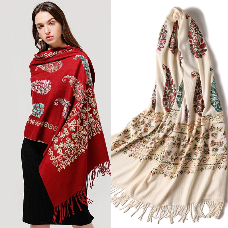 

New Cashmere Muslim Hijab Scarf Women Embroidery Luxury Pashmina Shawl Wrap Female Headkerchief Bufanda with Tassel Echarpe 2022