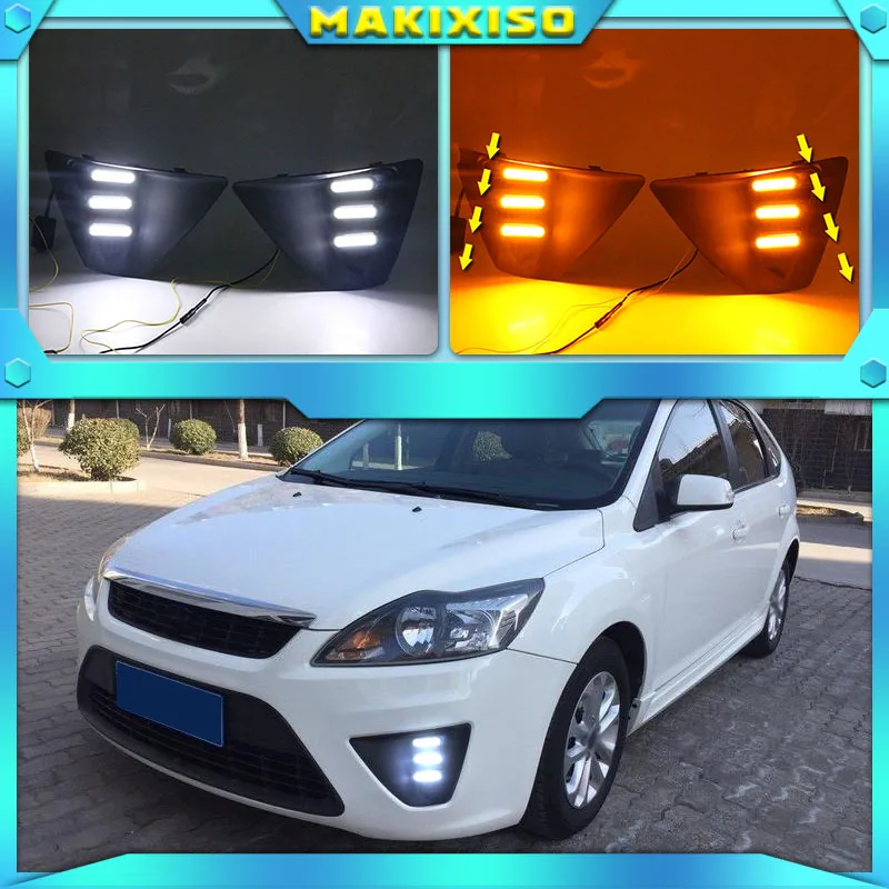 

Светодиодные дневные ходовые огни для Ford Focus 3 2009-2012, водонепроницаемые, 12 В, желтый индикатор поворота, ламсветильник для бампера, светодиодные дневные ходовые огни
