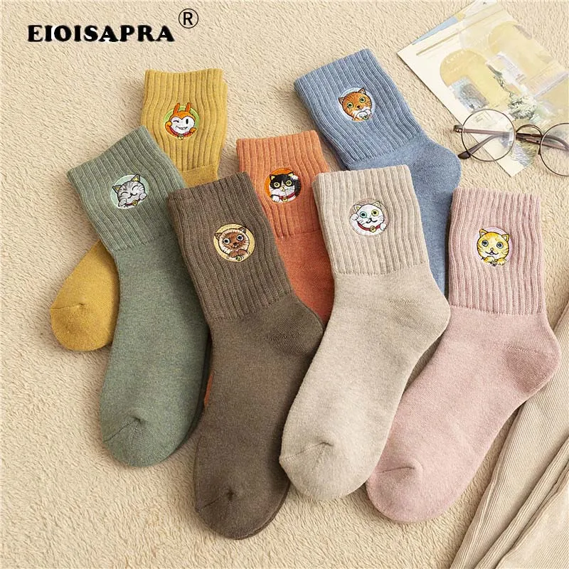 Осень/Зима Модные махровые носки, японский стиль, милые женские носки с вышивкой из мультфильмов, теплые, подарок любимому