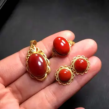 

202011 Southern Red Agate Pendant Ring Earring Set natural Apple shape s925 silver inlay Gold plated Buddhism Bracelet bizuteria