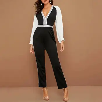 

OL Style Splicing Color V-neck Jumpsuit Exquisite Design Classic Texture Delicate Women Tunic Zip Lantern Sleeve Playsuit