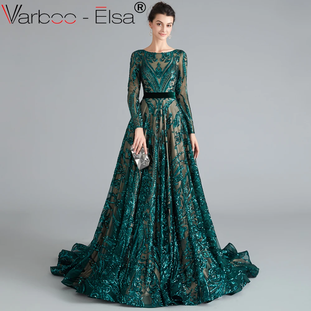 

VARBOO_ELSA green Robe De Soiree long Sleeves Long Evening Dresses with Belt Sequins Formal Dress Women Occasion Party Dresses