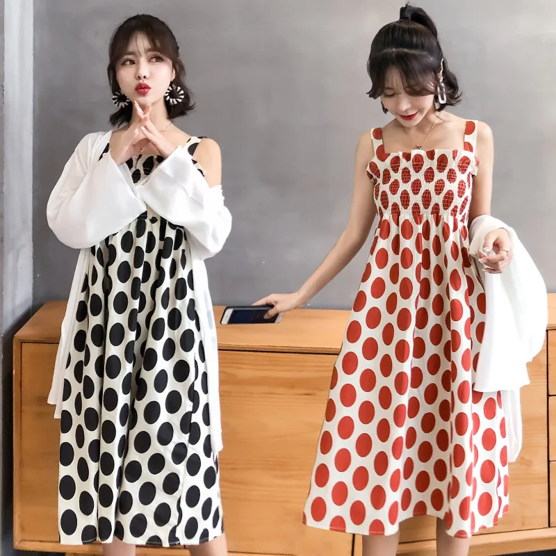 

Maternity Clothes 2019 Autumn New Style Korean-style Fashion Polka Dot Strapped Dress + Cardigan Two Pieces Pregnant Women Dress