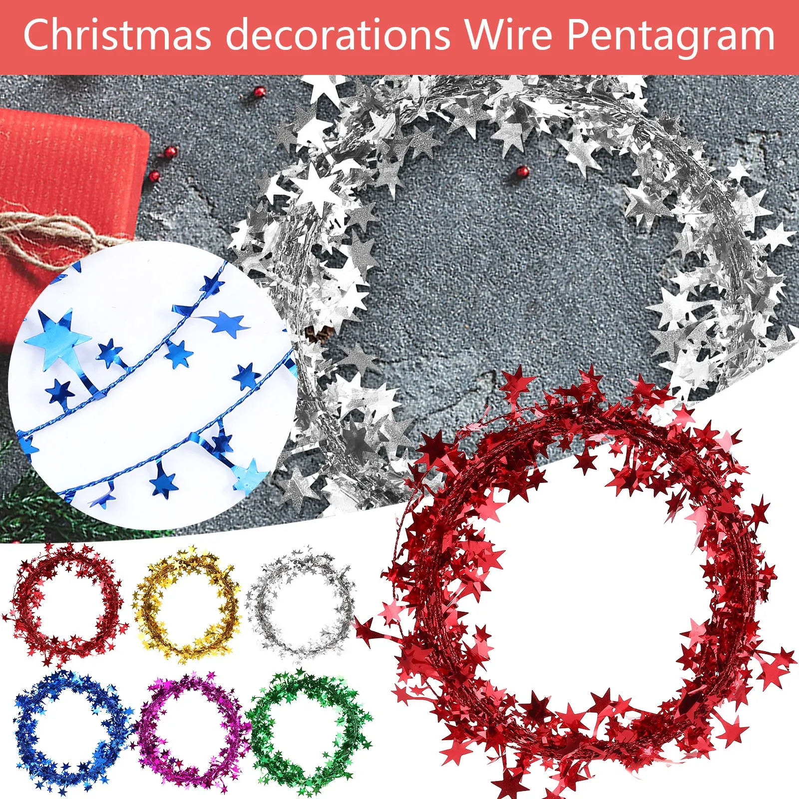 1Pc 7.5m Hanging Star Pentagram Iron Wire Wreaths Garland Ornament Party Decor 