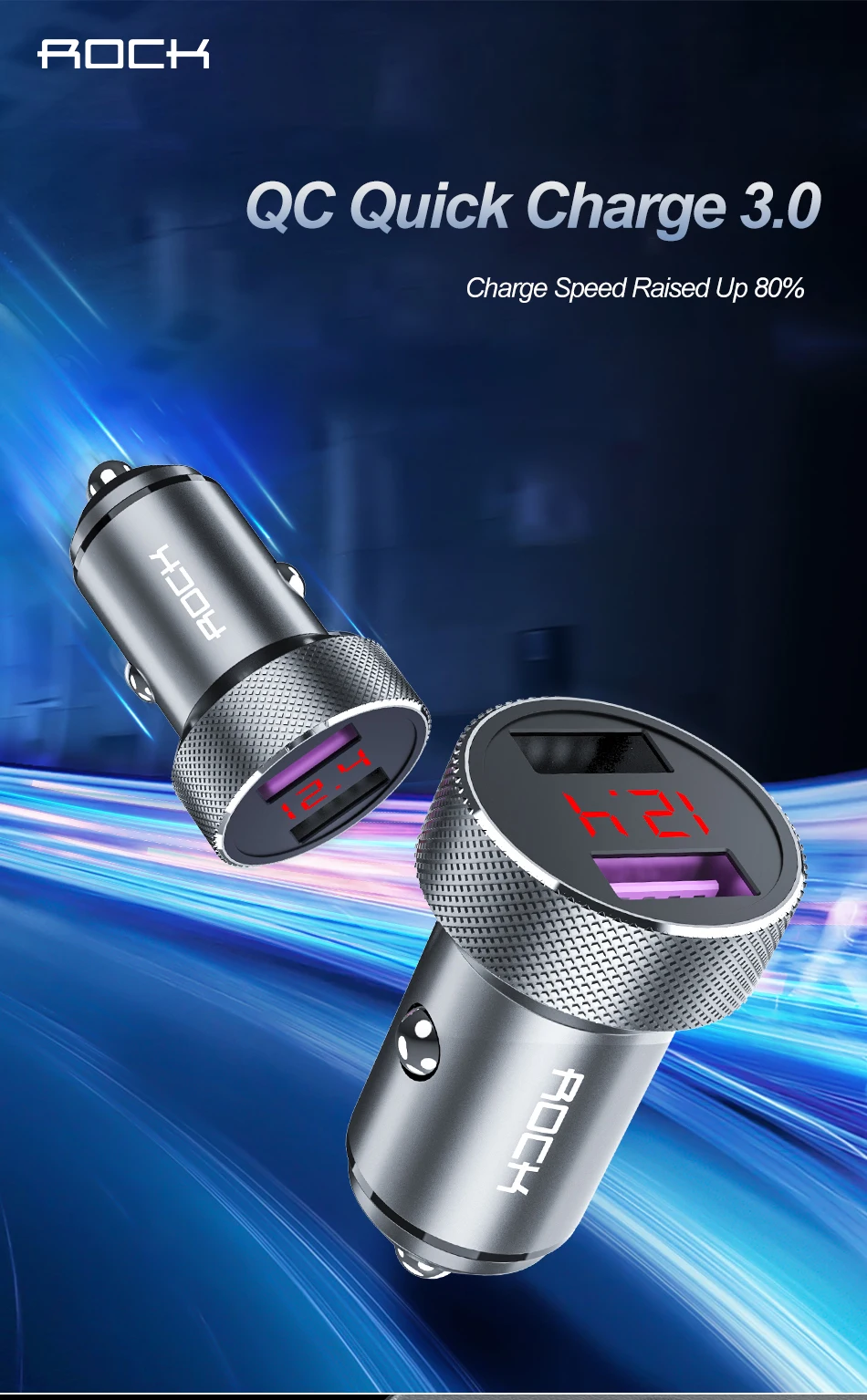 Автомобильное зарядное устройство ROCK QC 3,0 Быстрая зарядка двойной USB металлический цифровой светодиодный дисплей для iPhone 11 X Xiaomi samsung huawei P30 Быстрая зарядка