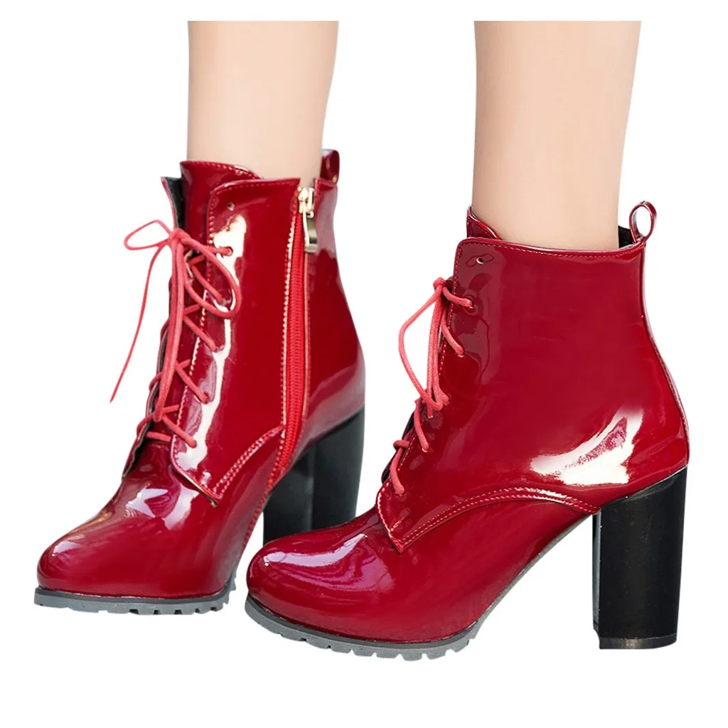 

Winter Ankle Boots Women Fashion High Heel Lace Up Shoes Woman British Style Patent Leather Women'S Boots Zapatos De Mujer 2019