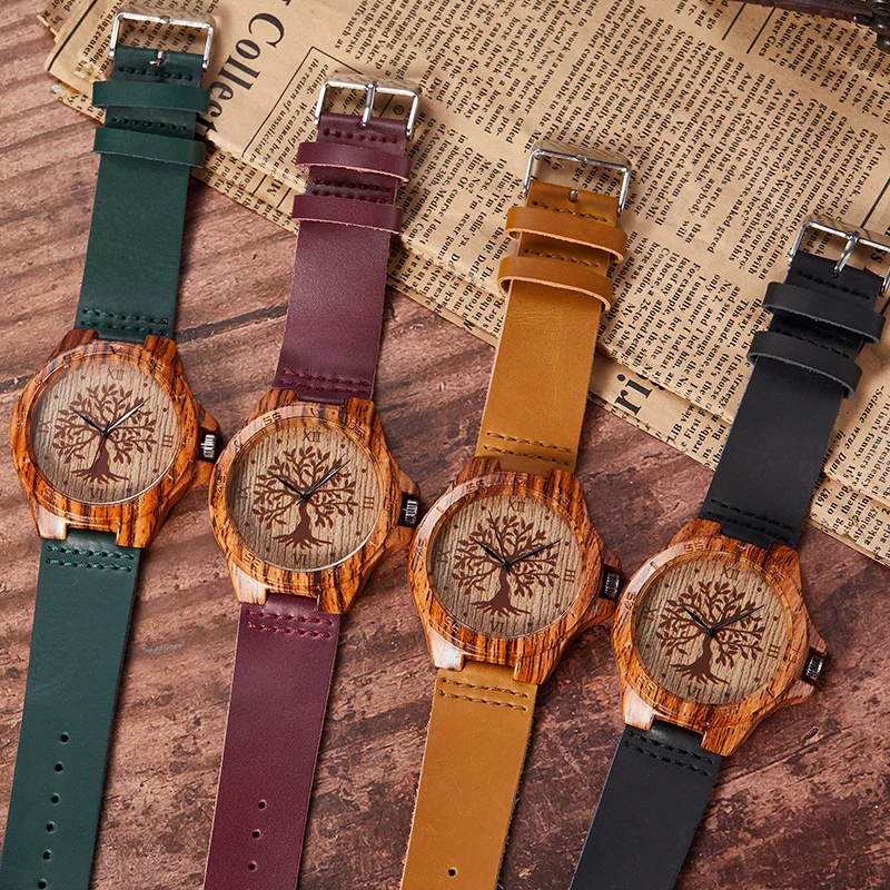 

7 Colors Unique Design Quartz Nature Wood Dial Arabic Numerals Wristwatches Leather Band Strap Cool Modern Men Women Gifts
