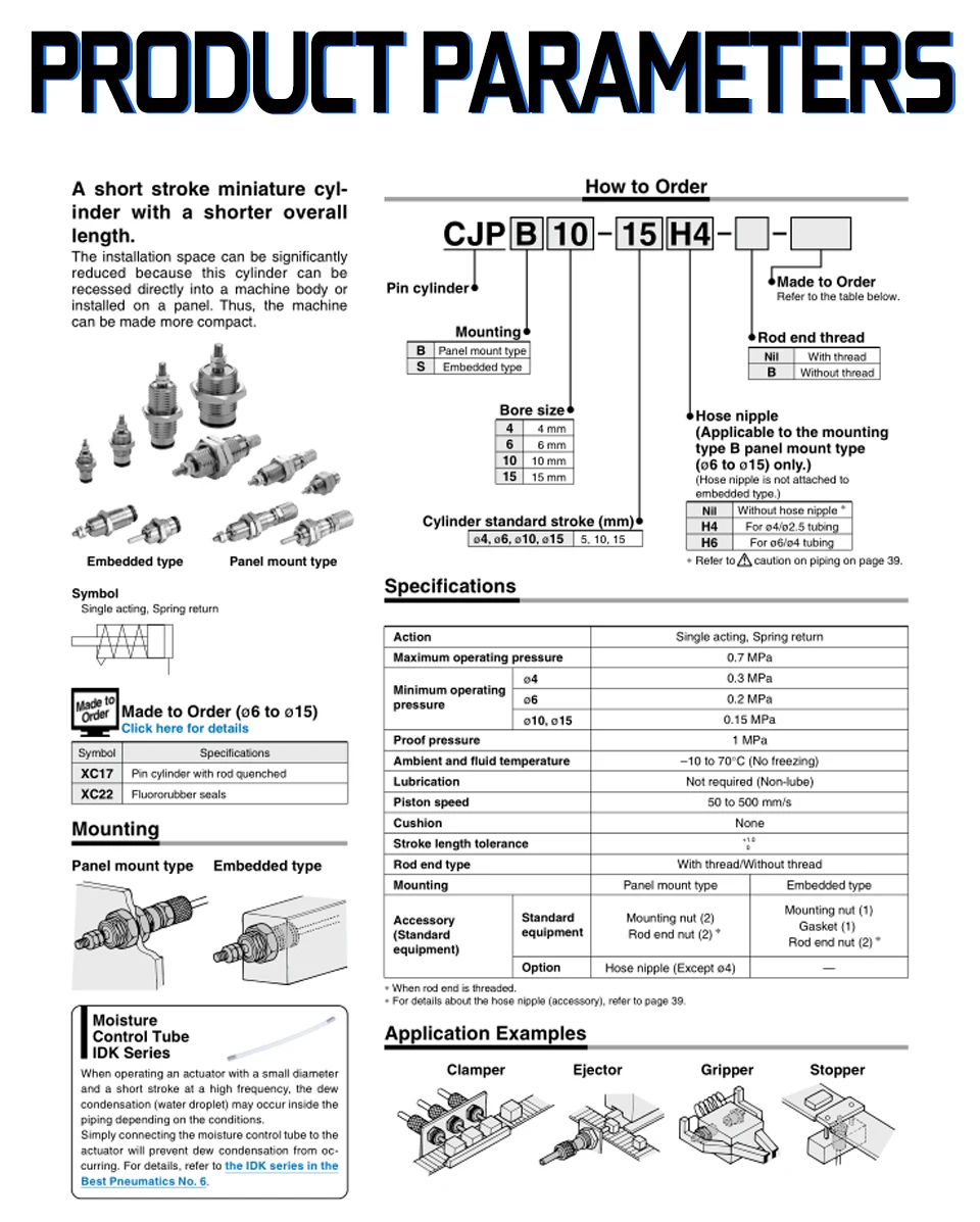 SMC Размер CJPB одностороннего действия с пружинным возвратом Диаметр: 6 мм/10 мм/15 мм ход 5 мм/10/15/20/25/30 мм микро иглы пневматический цилиндр
