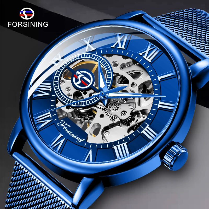 

FORSINING Retro Fashion Design Skeleton Sport Mechanical Watch Luminous Hands Transparent Mesh Bracelet For Men relogio Clock
