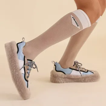 

Ladies Vulcanized Shoes Women 2020 Spring New Round Toe Genuine Leather Cross-Tied With Wool Fur Casual Platform Flats Size 41