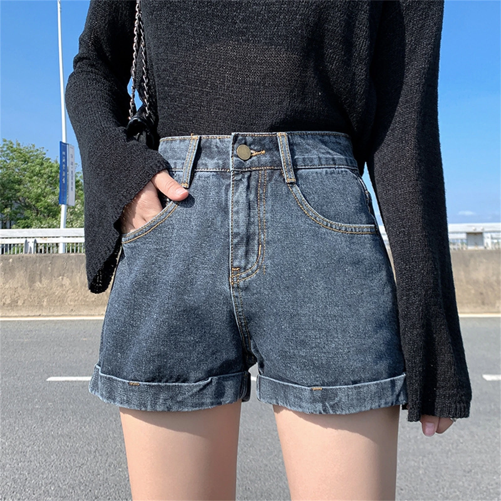 High waist a line denim shorts clearance