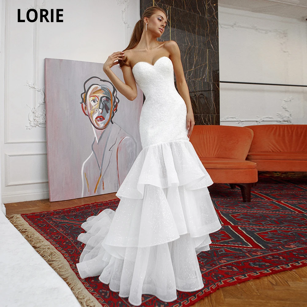 

LORIE Mermaid Wedding Dresses Sequined Beach Bridal Gowns with Lacing Back Princess Party Gowns Corset Tiered Puffy Skirt 2021