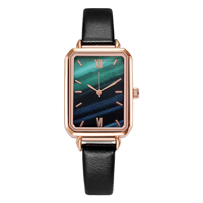 Women Watches Luxury Fashion Square Green Dial Leather Ladies Bracelet Watches Set Quartz Wrist Watch Simple Black Clock