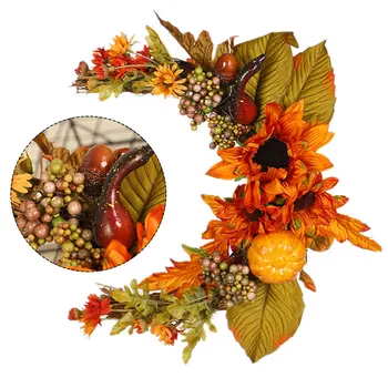 

Thanksgiving Artificial Flower Autumn Rattan Wreath Garland with Pumpkin Maple Leaf Half Moon Shape Door Wall Harvest Ornament