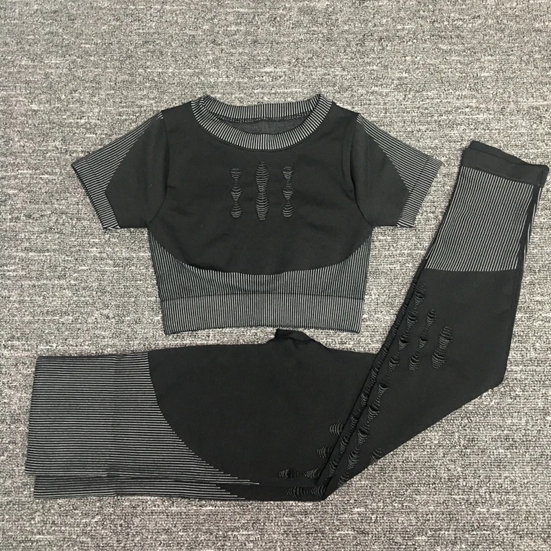 black set Женский комплект для йоги, вязание, бесшовные леггинсы, тренировочные штаны для йоги, спортивный комплект с высокой талией, спортивная одежда, выдолбленные леггинсы, костюм - Цвет: black set